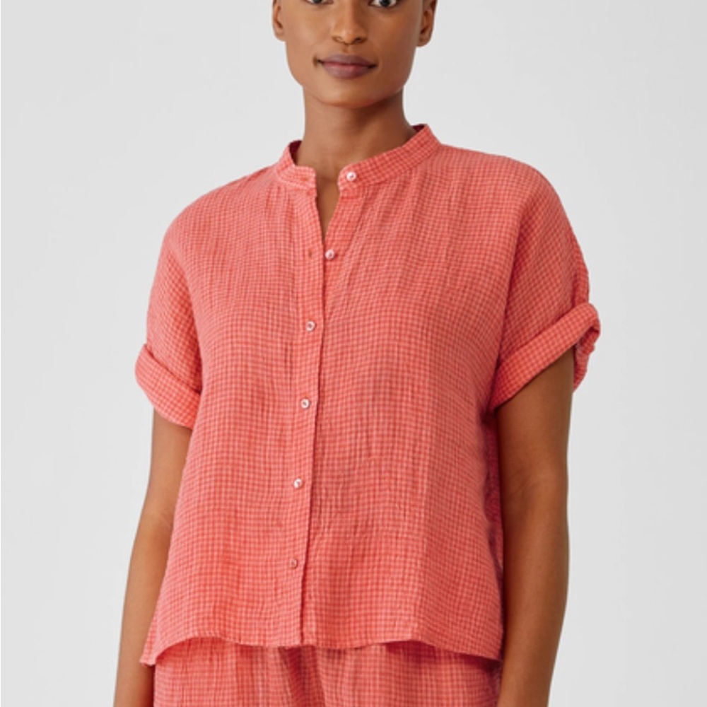 Eileen Fisher Puckered Organic Linen Pink Gingham Mandarin Collar Top Medium